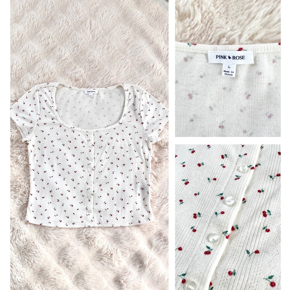 Cotton Pink Rose White Ribbed Button-Front Top with Red Cherry Print